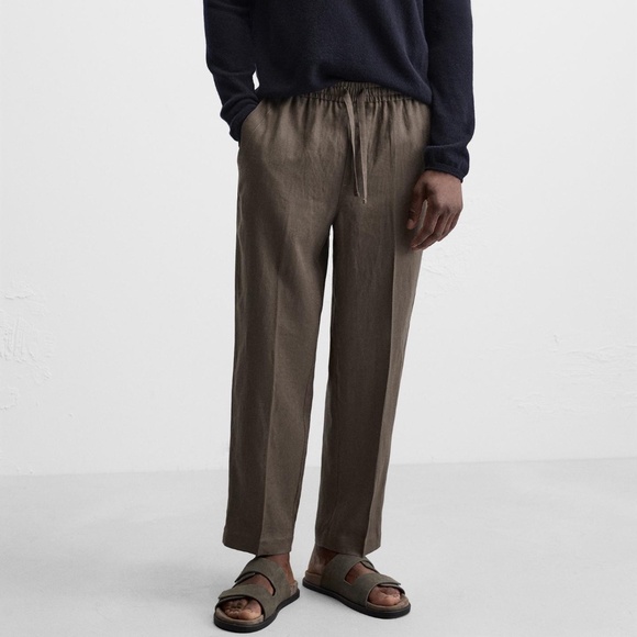 ZARA 100% Linen Pants Mens Brown Taupe Size Large Relaxed Fit NWT - Picture 5 of 9